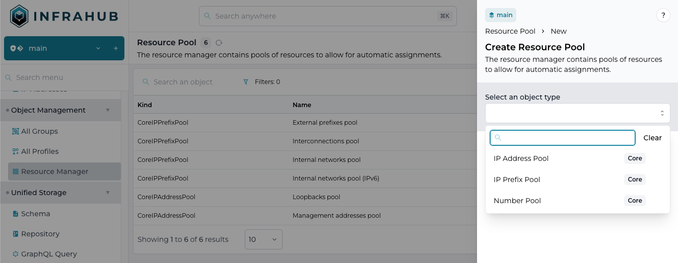 "Example screenshot of the Number Pool and other Pool types in Infrahub."